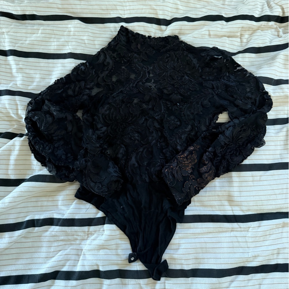 Fashion Nova Black Floral Lace Bodysuit with Rose Gold accents